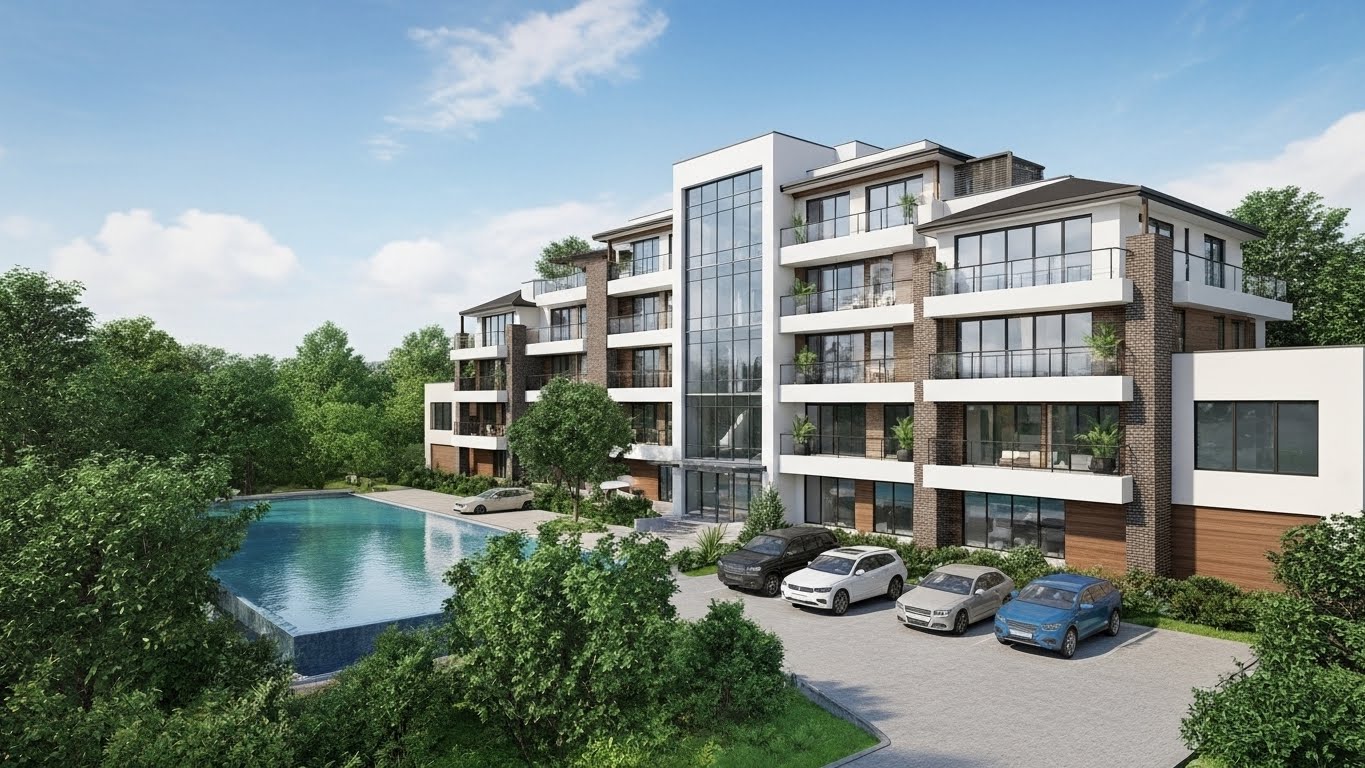 Create 3D minimalistic building exploring the exterior view rotating 180 degrees. The house should be mixed together with the camera views of different angles, camera moving from inside of the house to outside. There are plants and trees are surrounding the house and there is a pool and a parking place with 5 SUV cars black, white and blue cars. The camera is from the 45 degrees angle. The camera is moving from the distance of the house to the closeup.