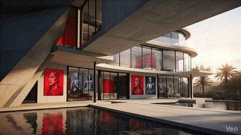 There are 7 artworks of the women in the walls placed randomly on the 3d futuristic architecture. The exterior is futuristic and round 3d architectural. There are red interior design elements on the picture. These artworks are some red, some stunning gray. The artworks are in different sizes. Camera is moving from the exterior to interior. The exterior is futuristic AI 3D arcitectural imaging. Be creative. There are people walking on the picture - talking.